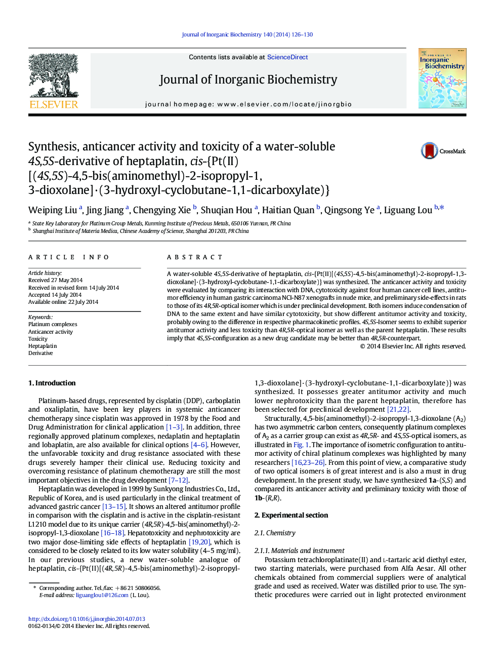 Synthesis, anticancer activity and toxicity of a water-soluble 4S,5S-derivative of heptaplatin, cis-{Pt(II)[(4S,5S)-4,5-bis(aminomethyl)-2-isopropyl-1,3-dioxolane]·(3-hydroxyl-cyclobutane-1,1-dicarboxylate)}