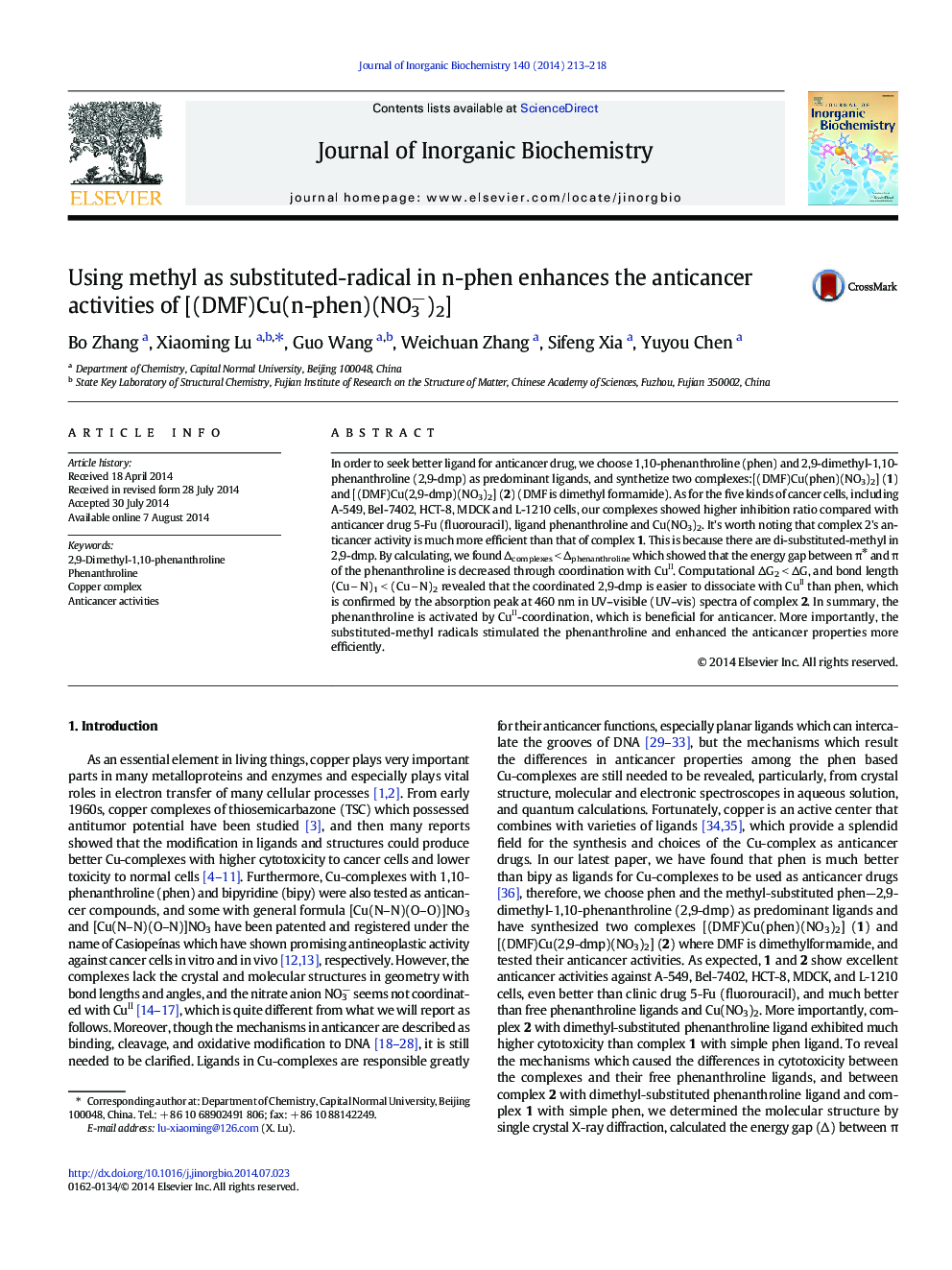 Using methyl as substituted-radical in n-phen enhances the anticancer activities of [(DMF)Cu(n-phen)(NO3−)2]