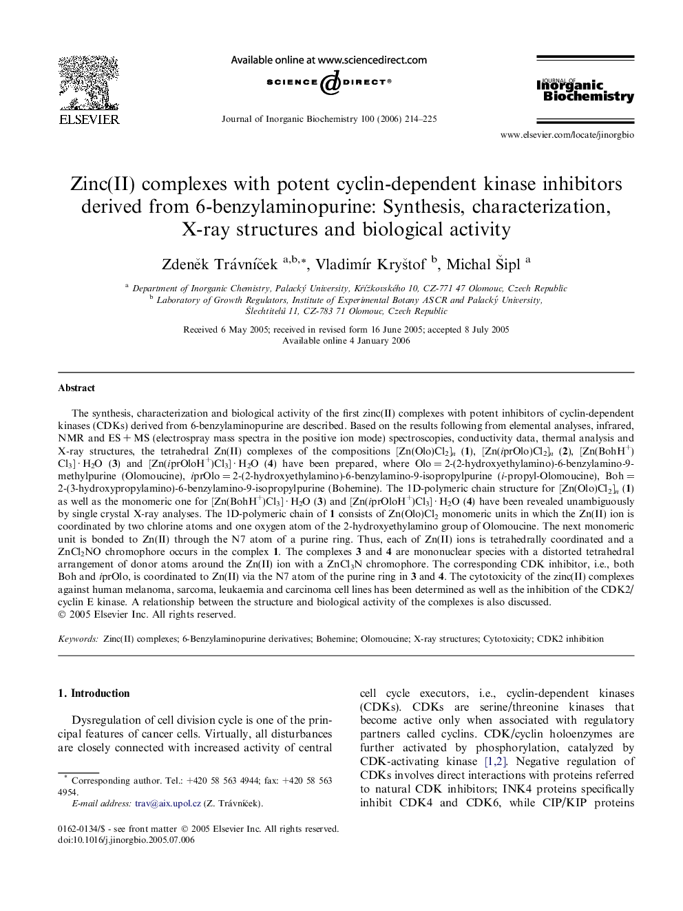 Zinc(II) complexes with potent cyclin-dependent kinase inhibitors derived from 6-benzylaminopurine: Synthesis, characterization, X-ray structures and biological activity