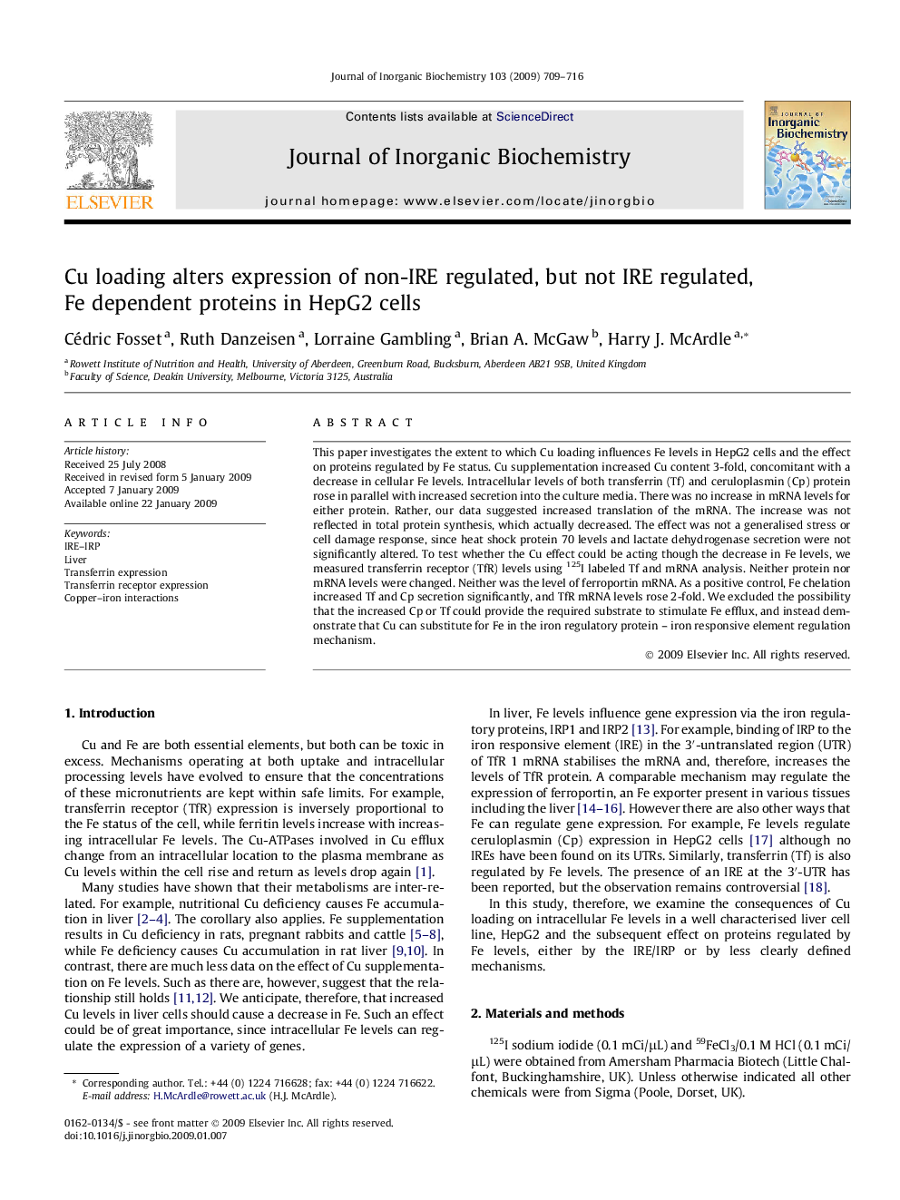 Cu loading alters expression of non-IRE regulated, but not IRE regulated, Fe dependent proteins in HepG2 cells