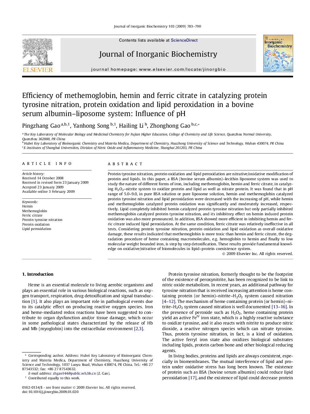 Efficiency of methemoglobin, hemin and ferric citrate in catalyzing protein tyrosine nitration, protein oxidation and lipid peroxidation in a bovine serum albumin–liposome system: Influence of pH