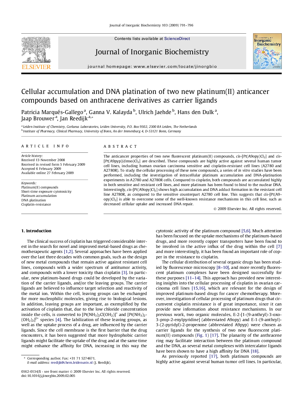 Cellular accumulation and DNA platination of two new platinum(II) anticancer compounds based on anthracene derivatives as carrier ligands