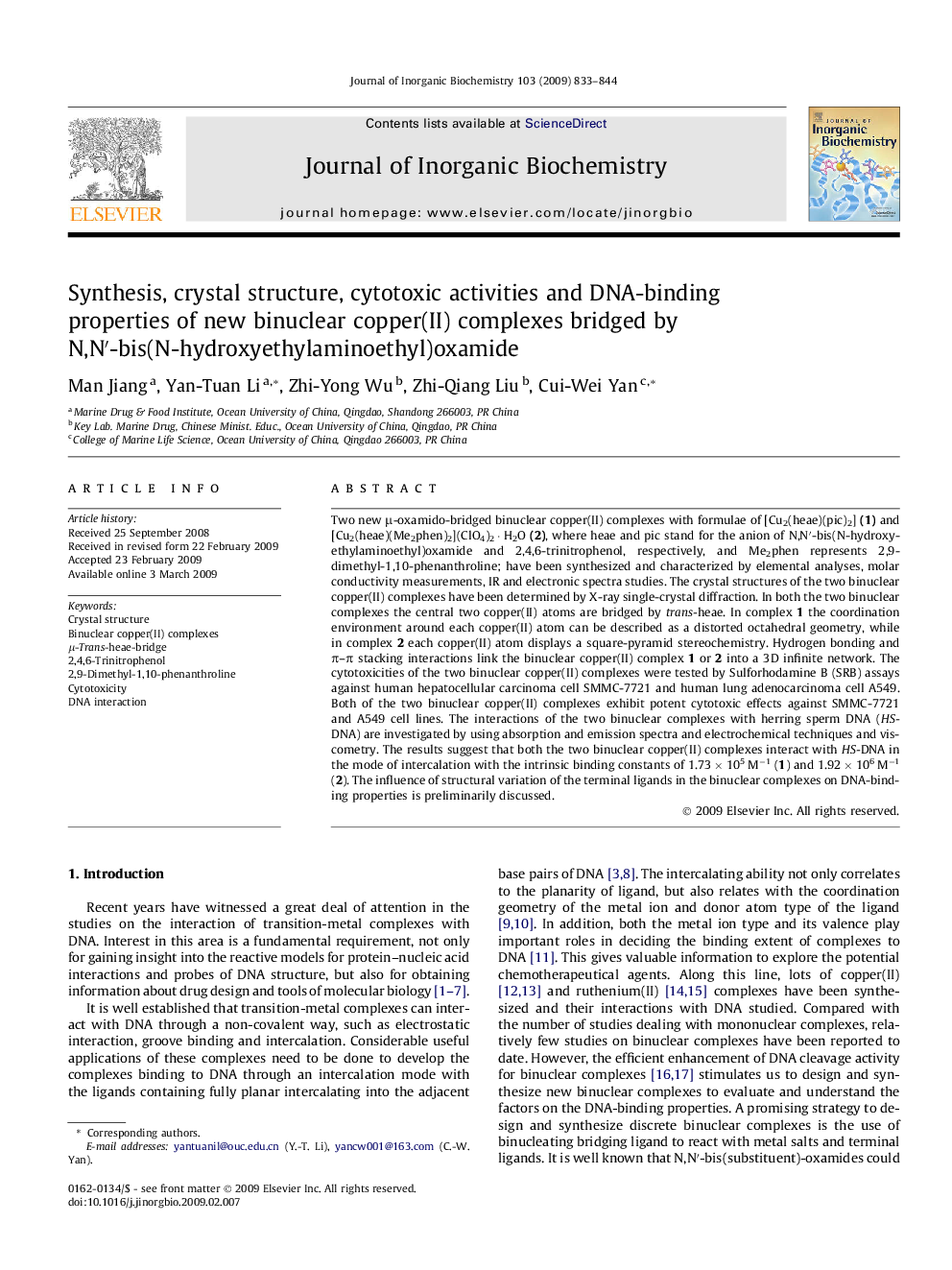 Synthesis, crystal structure, cytotoxic activities and DNA-binding properties of new binuclear copper(II) complexes bridged by N,N′-bis(N-hydroxyethylaminoethyl)oxamide