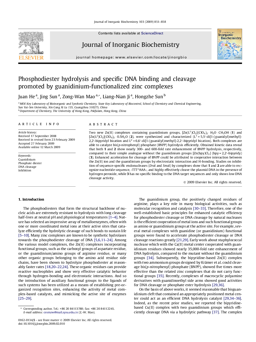 Phosphodiester hydrolysis and specific DNA binding and cleavage promoted by guanidinium-functionalized zinc complexes