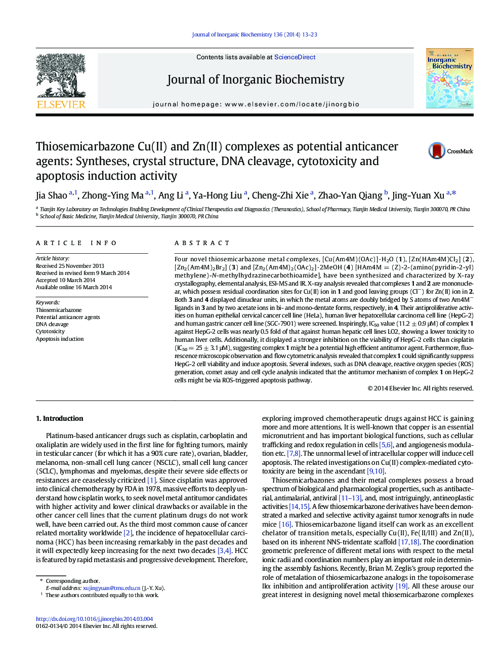 Thiosemicarbazone Cu(II) and Zn(II) complexes as potential anticancer agents: Syntheses, crystal structure, DNA cleavage, cytotoxicity and apoptosis induction activity