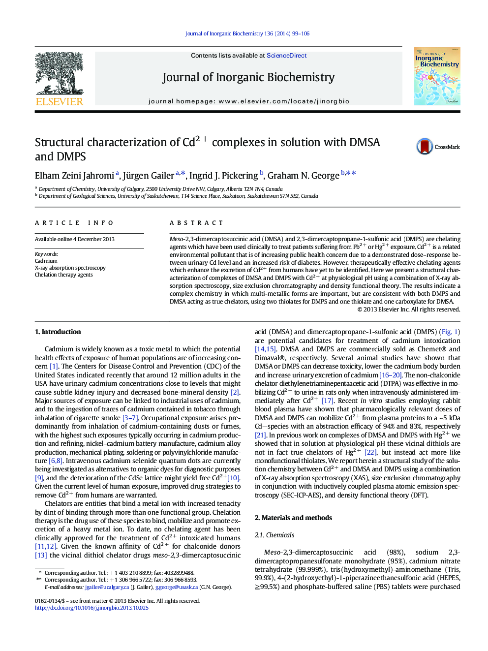 Structural characterization of Cd2 + complexes in solution with DMSA and DMPS