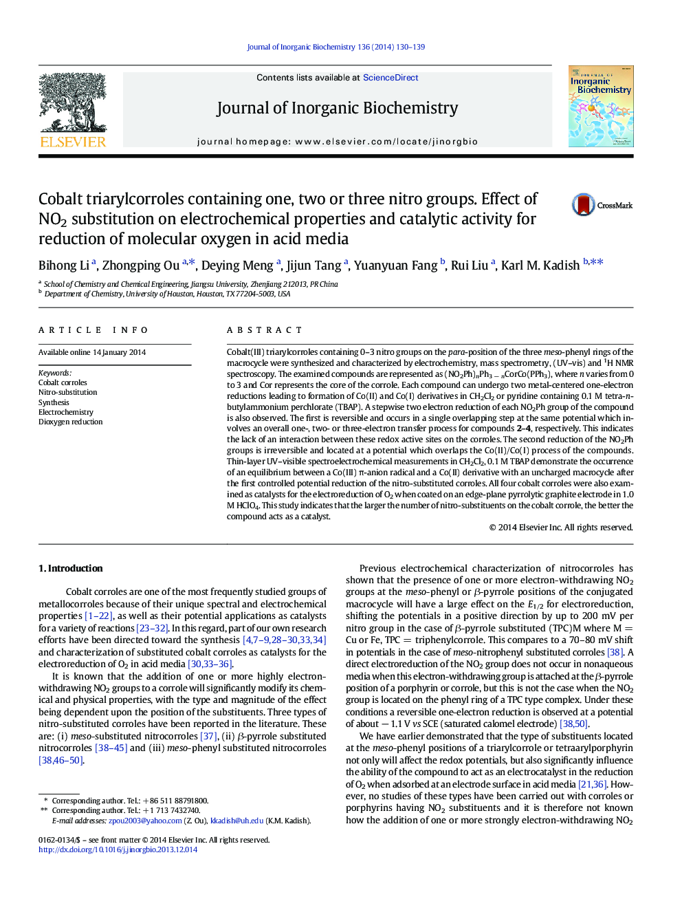 Cobalt triarylcorroles containing one, two or three nitro groups. Effect of NO2 substitution on electrochemical properties and catalytic activity for reduction of molecular oxygen in acid media