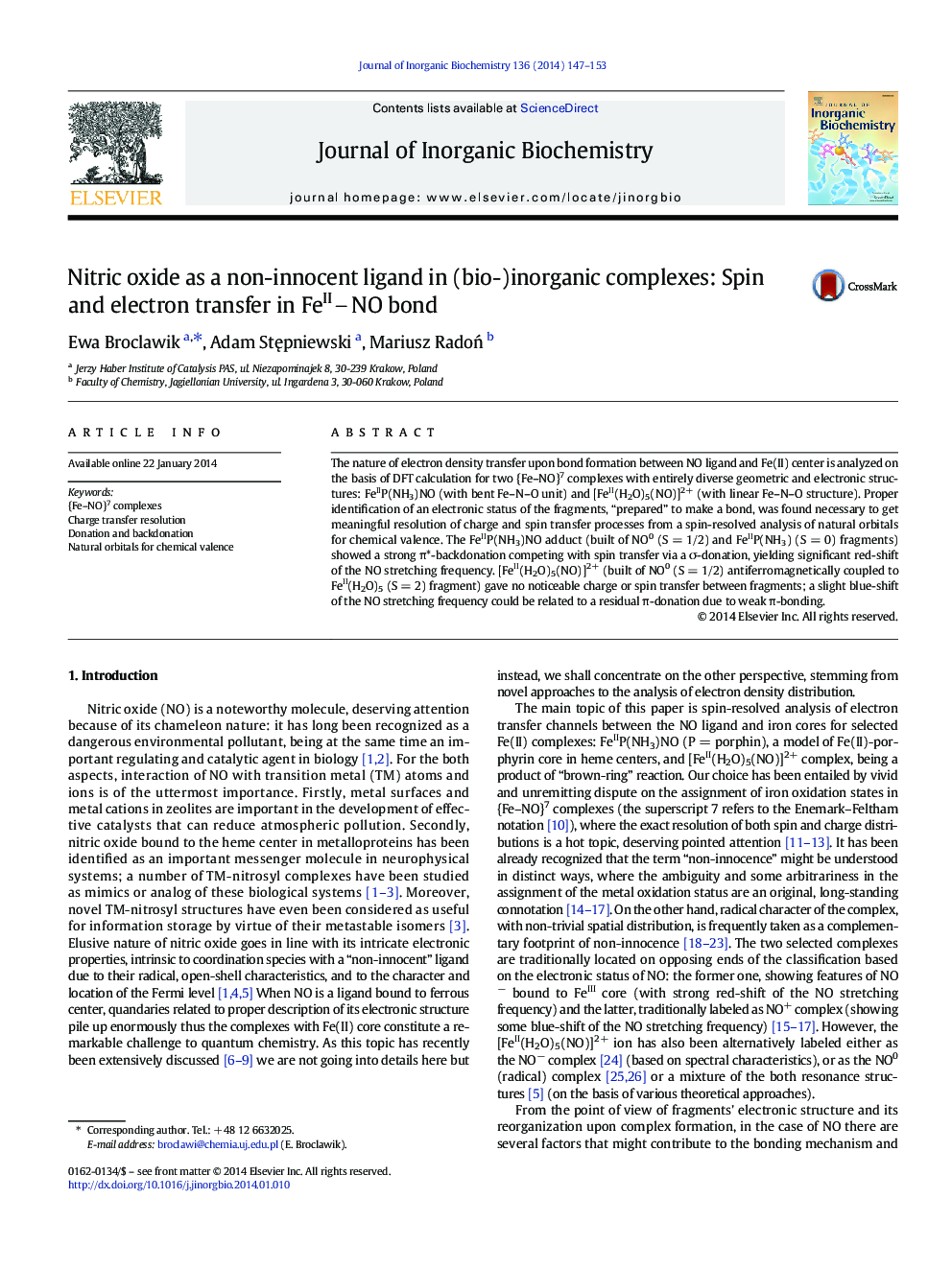 Nitric oxide as a non-innocent ligand in (bio-)inorganic complexes: Spin and electron transfer in FeIINO bond