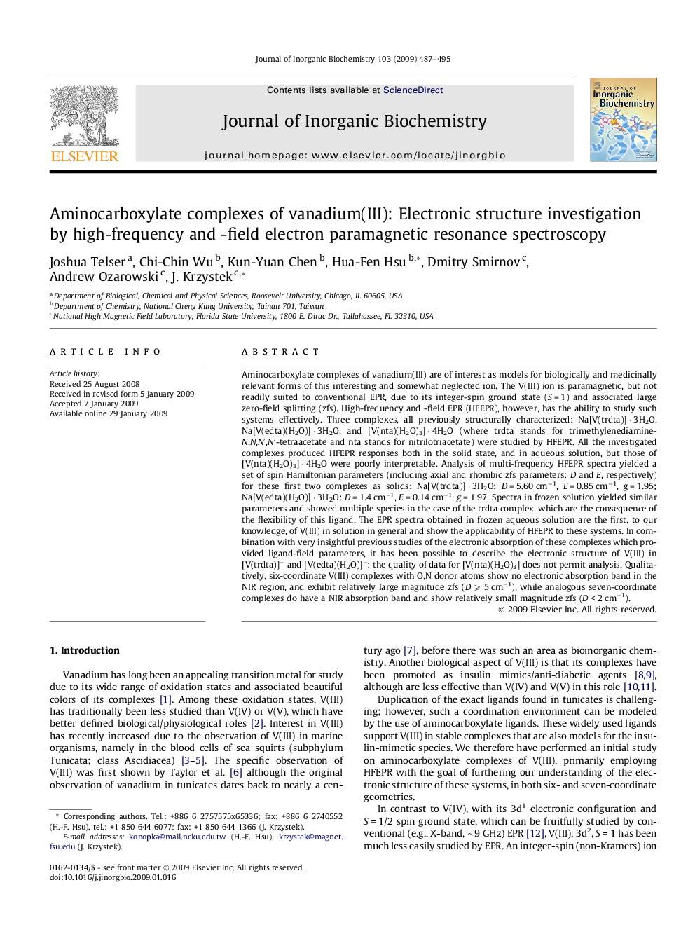 Aminocarboxylate complexes of vanadium(III): Electronic structure investigation by high-frequency and -field electron paramagnetic resonance spectroscopy