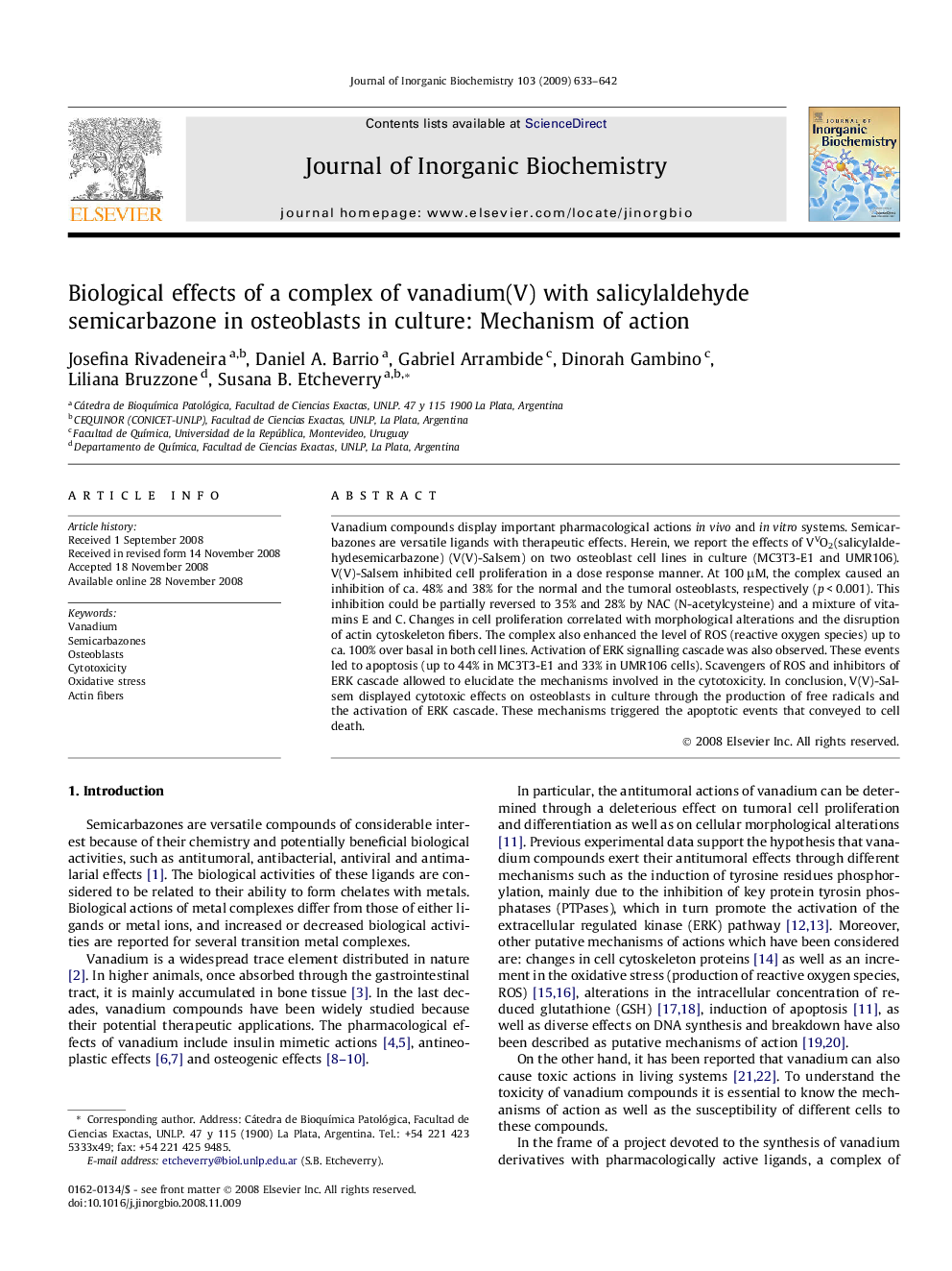 Biological effects of a complex of vanadium(V) with salicylaldehyde semicarbazone in osteoblasts in culture: Mechanism of action