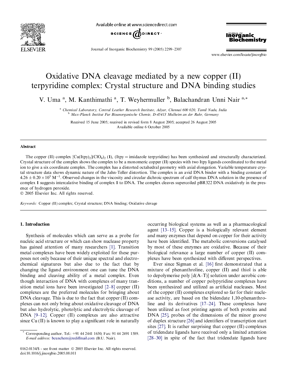 Oxidative DNA cleavage mediated by a new copper (II) terpyridine complex: Crystal structure and DNA binding studies