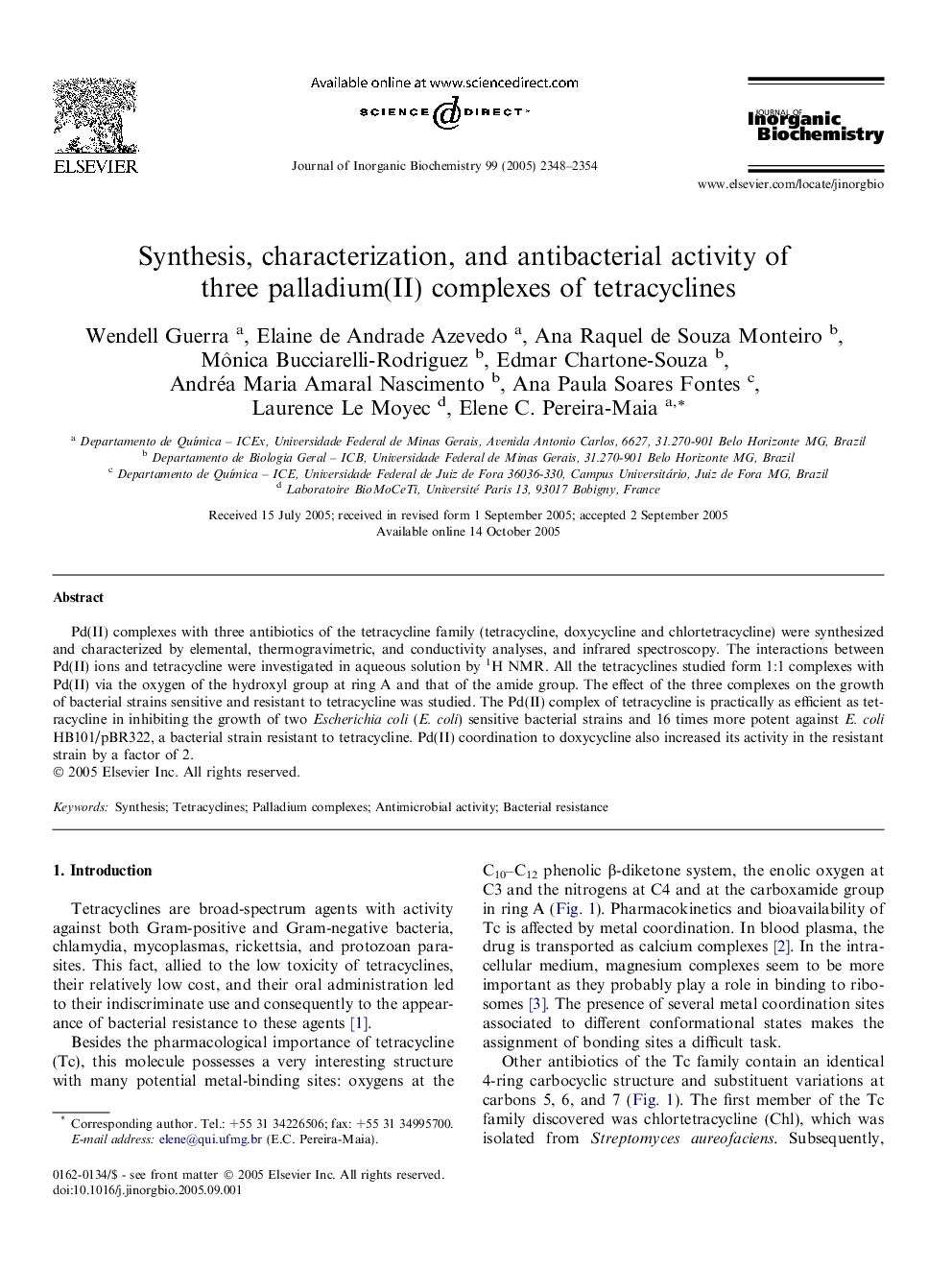 Synthesis, characterization, and antibacterial activity of three palladium(II) complexes of tetracyclines