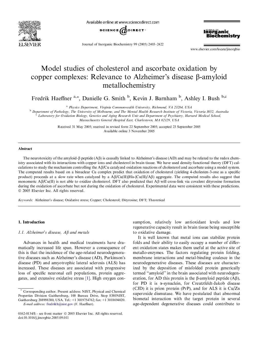 Model studies of cholesterol and ascorbate oxidation by copper complexes: Relevance to Alzheimer’s disease β-amyloid metallochemistry