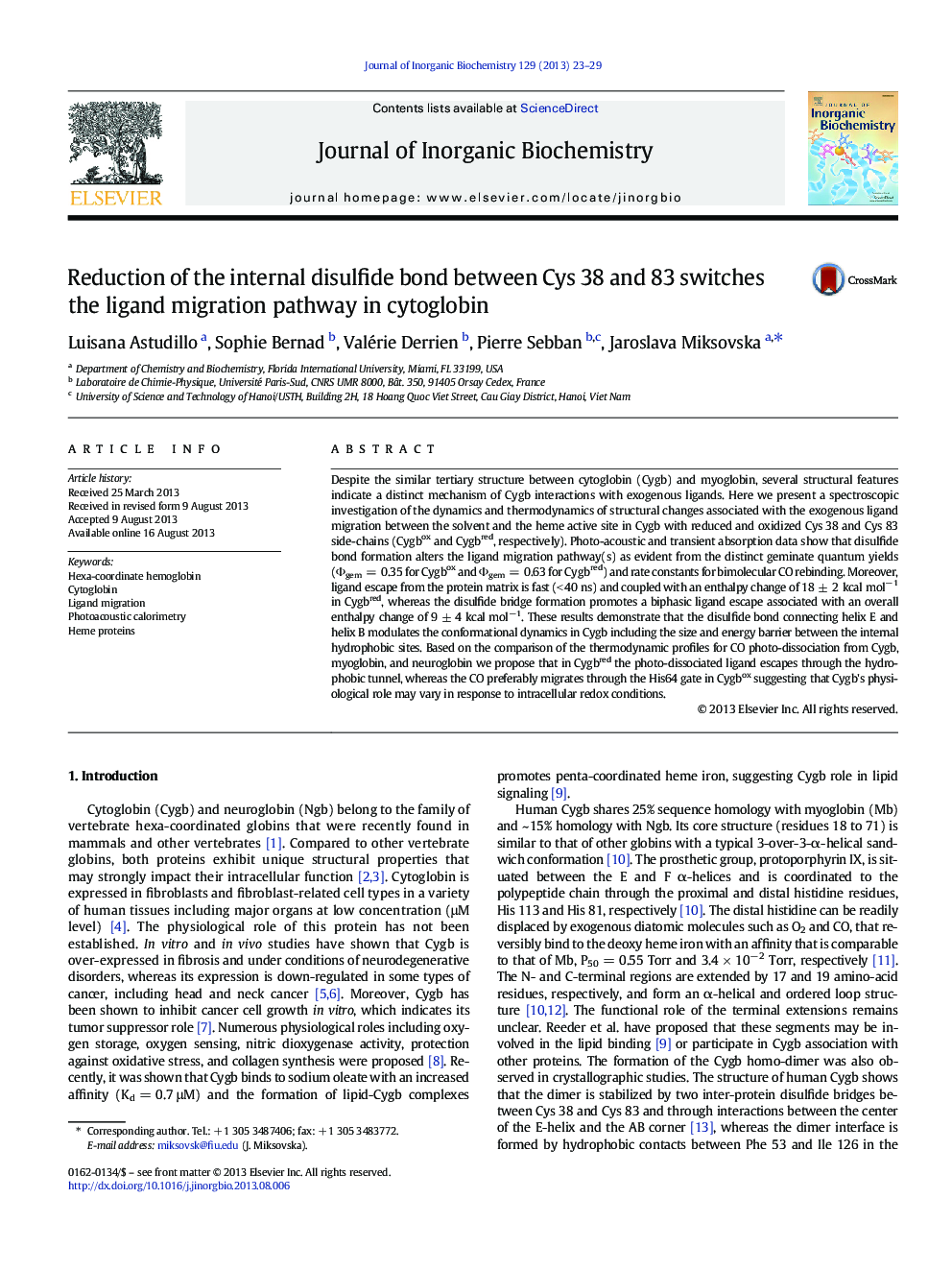 Reduction of the internal disulfide bond between Cys 38 and 83 switches the ligand migration pathway in cytoglobin