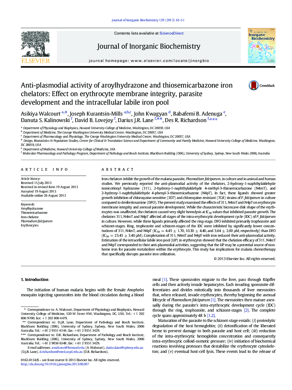 Anti-plasmodial activity of aroylhydrazone and thiosemicarbazone iron chelators: Effect on erythrocyte membrane integrity, parasite development and the intracellular labile iron pool