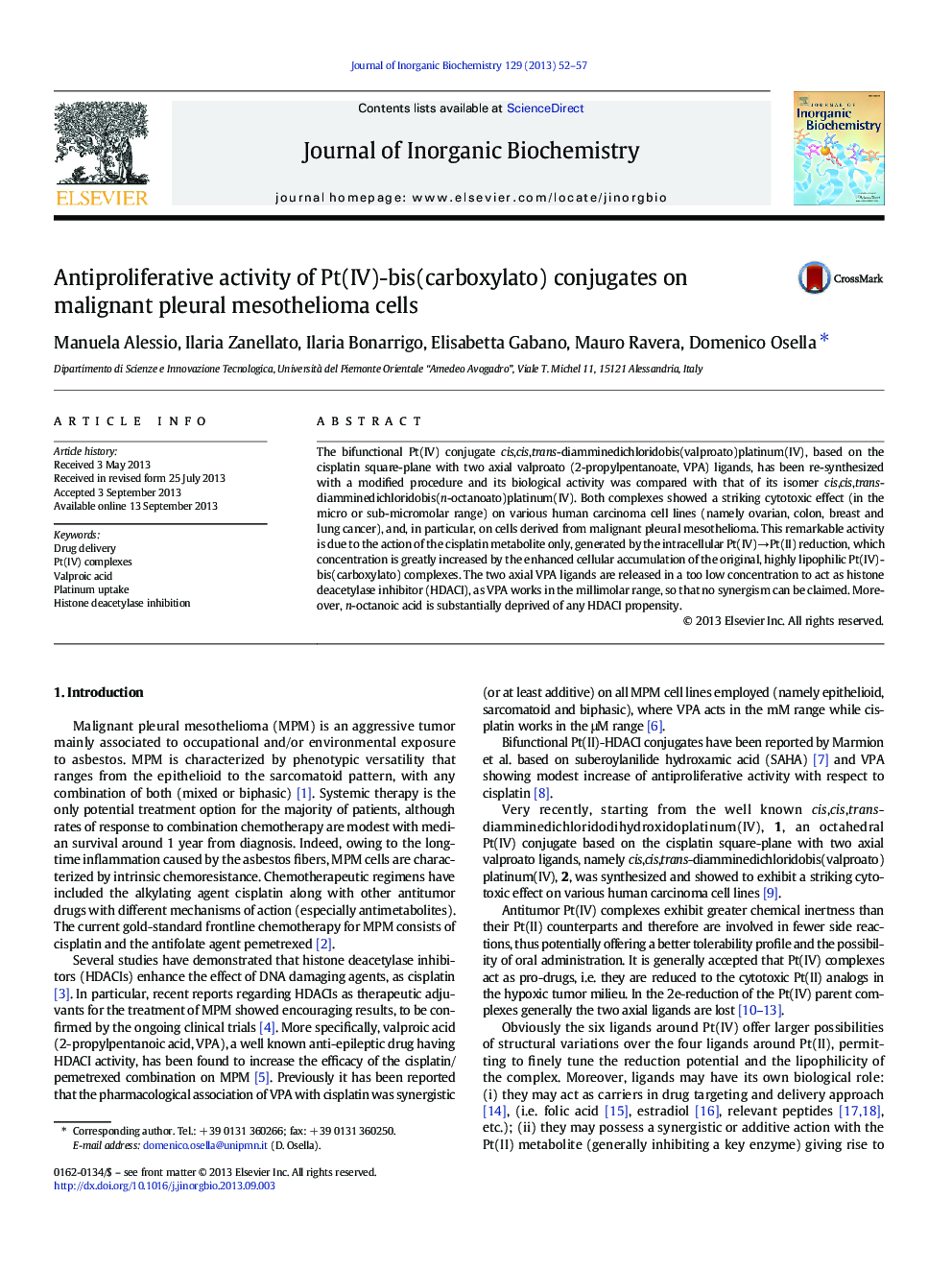 Antiproliferative activity of Pt(IV)-bis(carboxylato) conjugates on malignant pleural mesothelioma cells