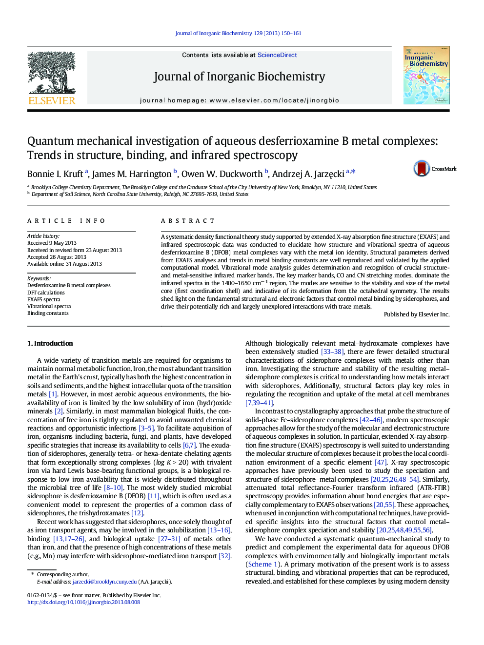 Quantum mechanical investigation of aqueous desferrioxamine B metal complexes: Trends in structure, binding, and infrared spectroscopy