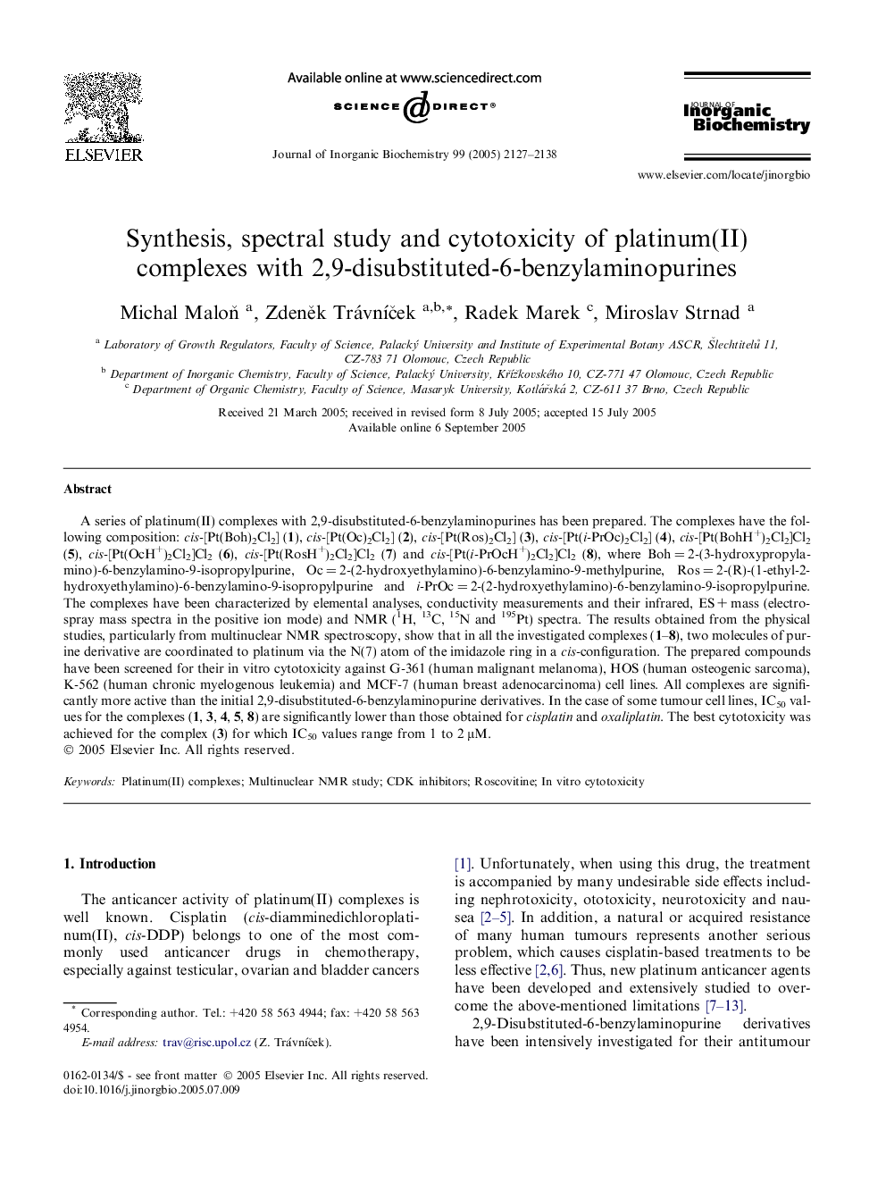 Synthesis, spectral study and cytotoxicity of platinum(II) complexes with 2,9-disubstituted-6-benzylaminopurines