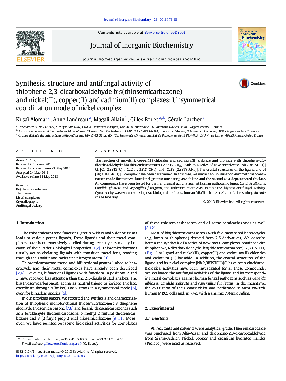 عکس صفحه اول مقاله: Synthesis, structure and antifungal activity of thiophene-2,3-dicarboxaldehyde bis(thiosemicarbazone) and nickel(II), copper(II) and cadmium(II) complexes: Unsymmetrical coordination mode of nickel complex Synthesis, structure and antifungal activity of thiophene-2,3-dicarboxaldehyde bis(thiosemicarbazone) and nickel(II), copper(II) and cadmium(II) complexes: Unsymmetrical coordination mode of nickel complex