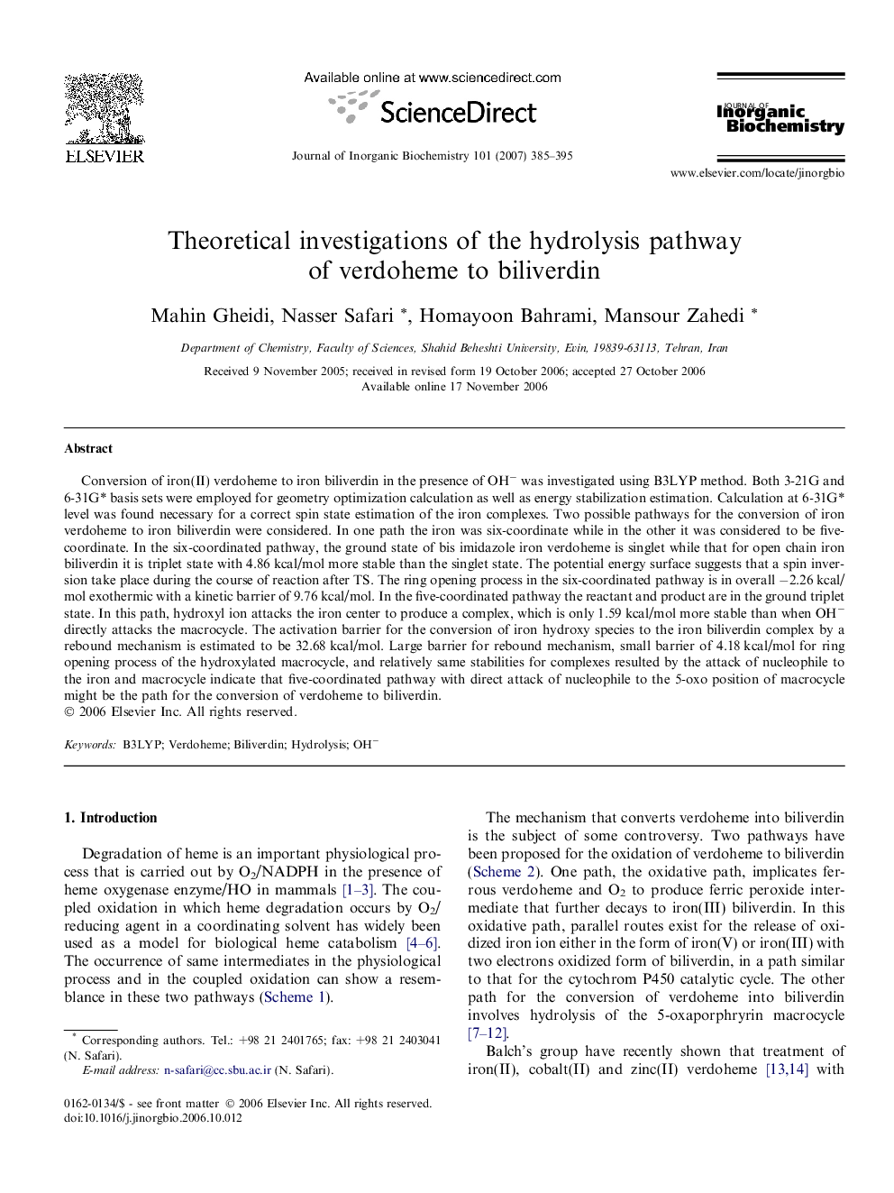 Theoretical investigations of the hydrolysis pathway of verdoheme to biliverdin