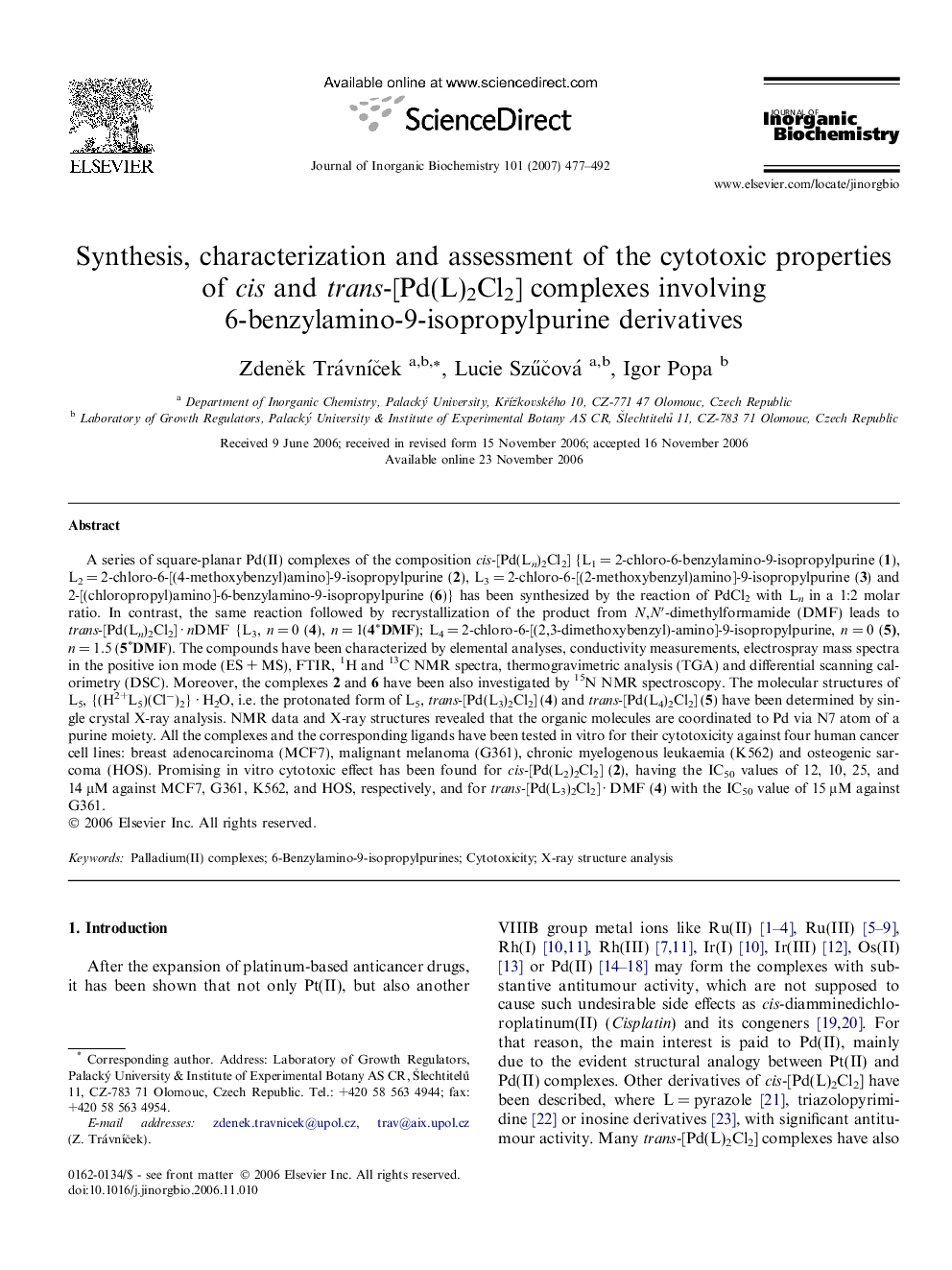 Synthesis, characterization and assessment of the cytotoxic properties of cis and trans-[Pd(L)2Cl2] complexes involving 6-benzylamino-9-isopropylpurine derivatives