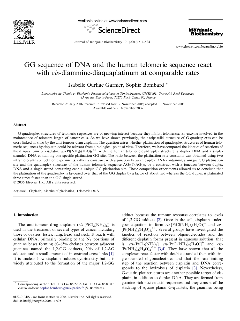 GG sequence of DNA and the human telomeric sequence react with cis-diammine-diaquaplatinum at comparable rates