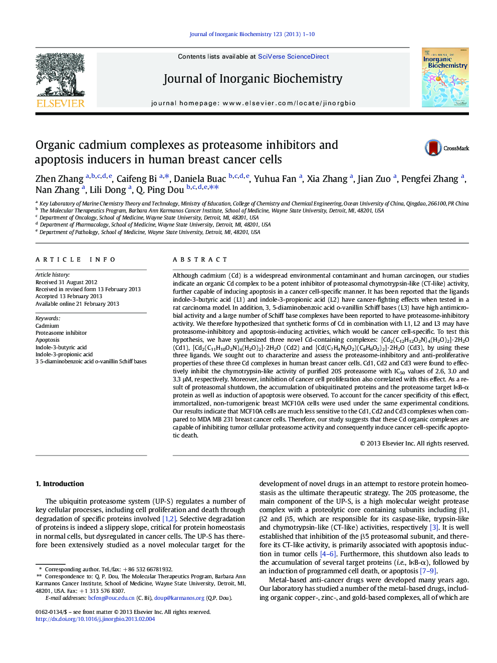 Organic cadmium complexes as proteasome inhibitors and apoptosis inducers in human breast cancer cells