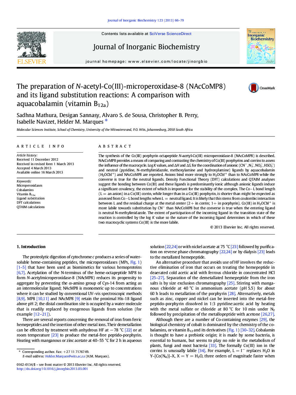 The preparation of N-acetyl-Co(III)-microperoxidase-8 (NAcCoMP8) and its ligand substitution reactions: A comparison with aquacobalamin (vitamin B12a)