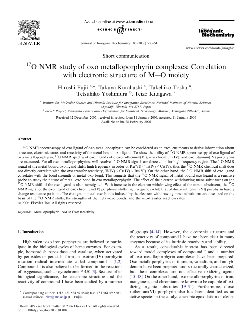 17O NMR study of oxo metalloporphyrin complexes: Correlation with electronic structure of MO moiety