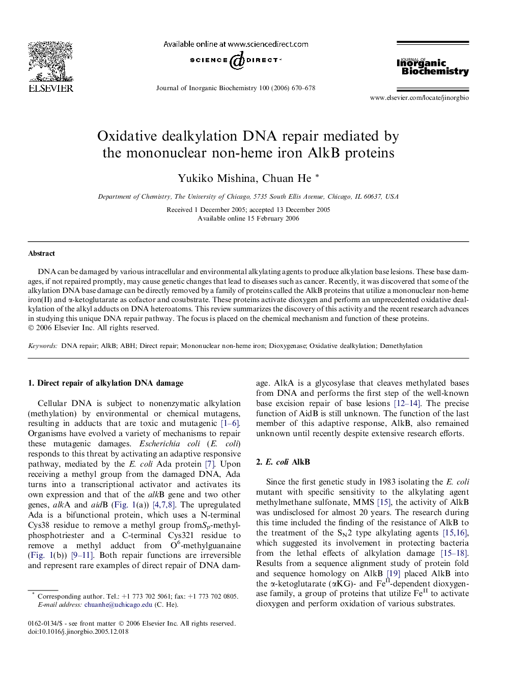 Oxidative dealkylation DNA repair mediated by the mononuclear non-heme iron AlkB proteins