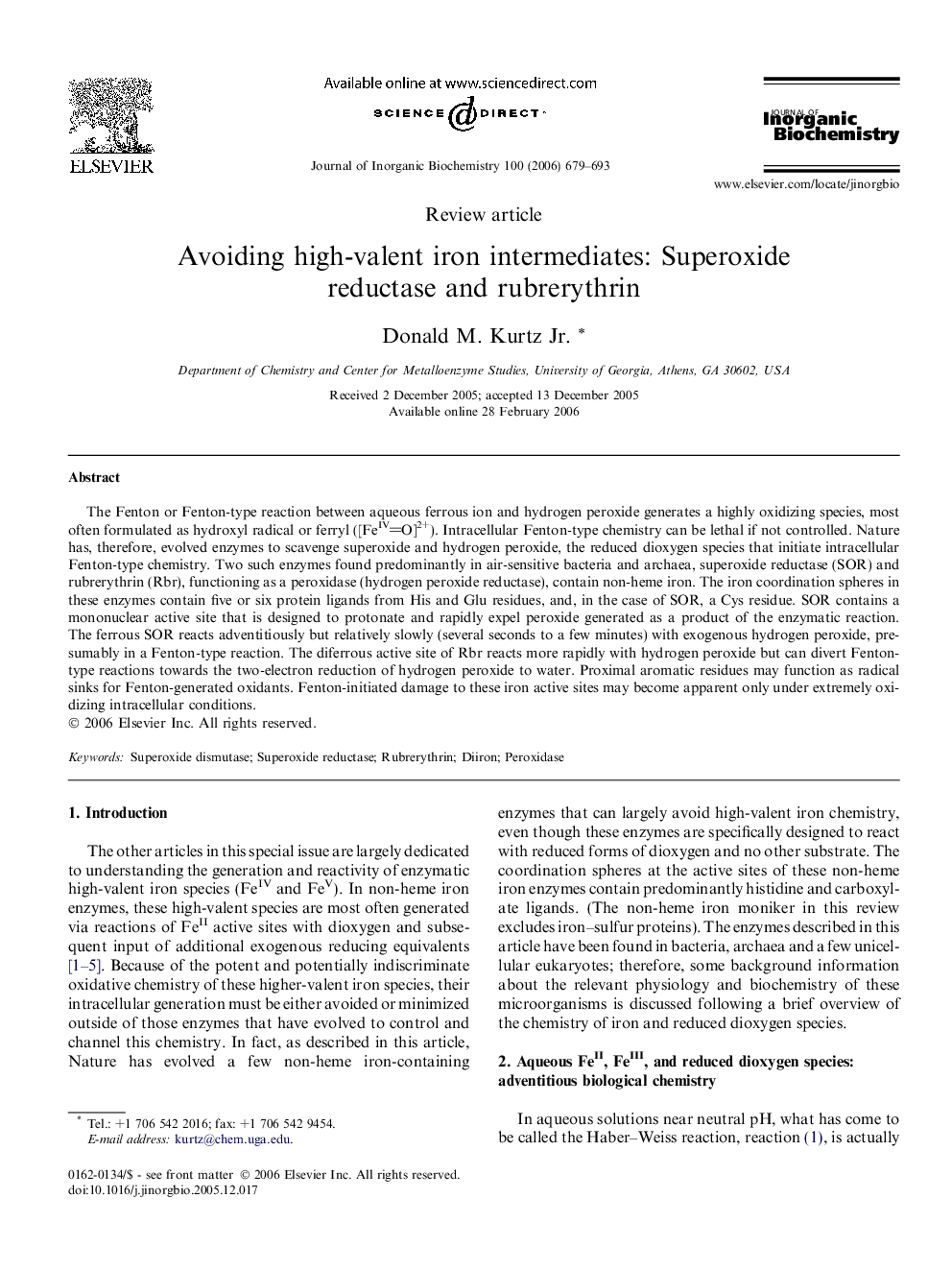 Avoiding high-valent iron intermediates: Superoxide reductase and rubrerythrin