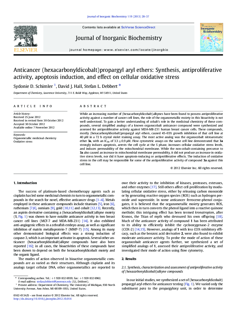 Anticancer (hexacarbonyldicobalt)propargyl aryl ethers: Synthesis, antiproliferative activity, apoptosis induction, and effect on cellular oxidative stress