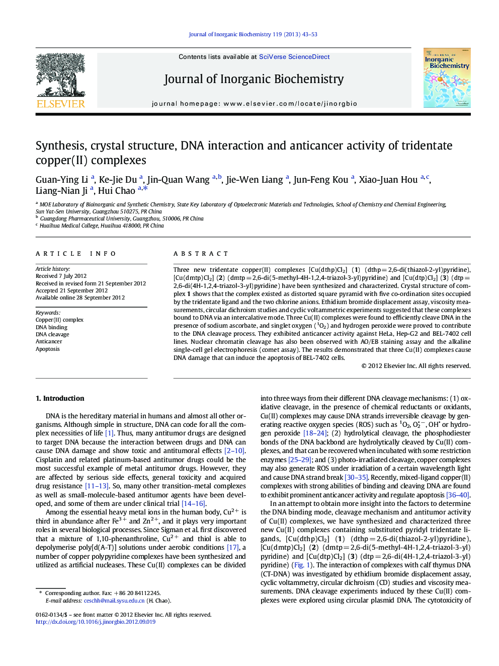 عکس صفحه اول مقاله: Synthesis, crystal structure, DNA interaction and anticancer activity of tridentate copper(II) complexes Synthesis, crystal structure, DNA interaction and anticancer activity of tridentate copper(II) complexes