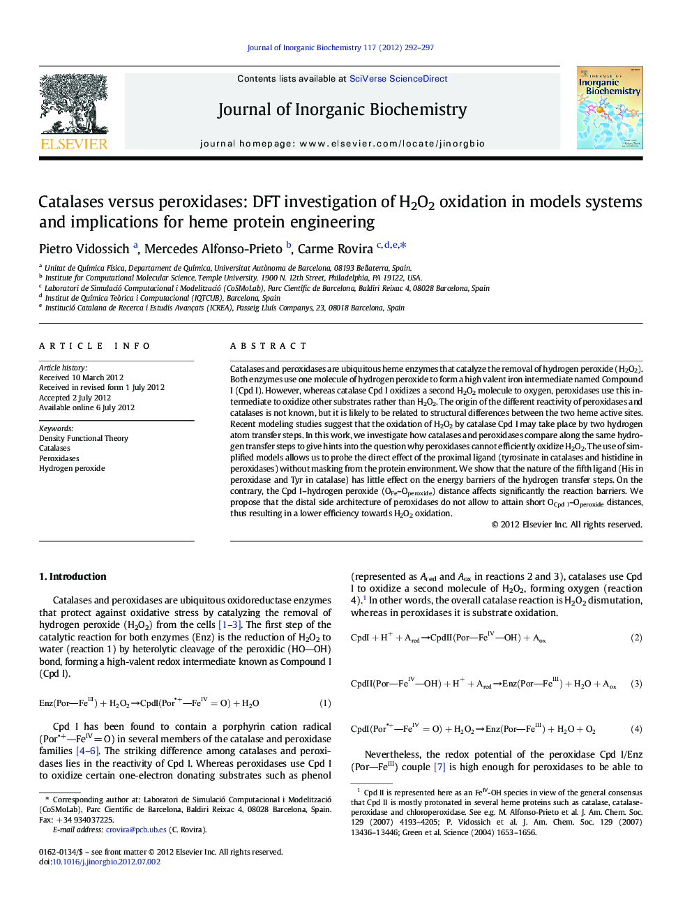 Catalases versus peroxidases: DFT investigation of H2O2 oxidation in models systems and implications for heme protein engineering