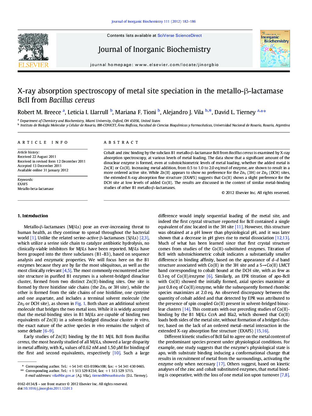 X-ray absorption spectroscopy of metal site speciation in the metallo-β-lactamase BcII from Bacillus cereus