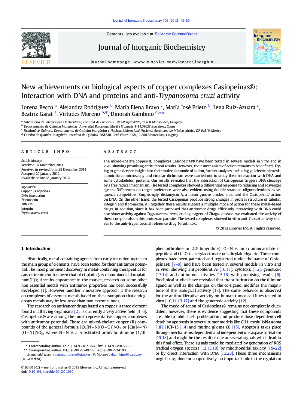 New achievements on biological aspects of copper complexes Casiopeínas®: Interaction with DNA and proteins and anti-Trypanosoma cruzi activity