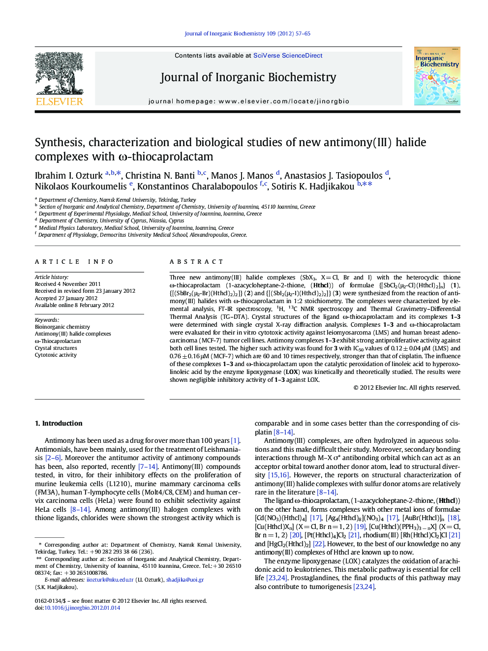 Synthesis, characterization and biological studies of new antimony(III) halide complexes with ω-thiocaprolactam