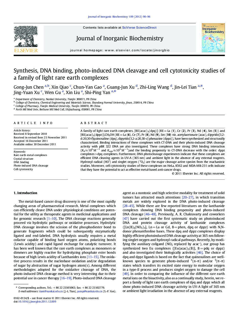 Synthesis, DNA binding, photo-induced DNA cleavage and cell cytotoxicity studies of a family of light rare earth complexes