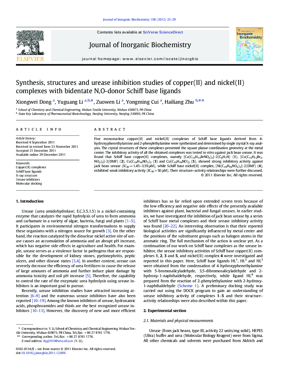 Synthesis, structures and urease inhibition studies of copper(II) and nickel(II) complexes with bidentate N,O-donor Schiff base ligands