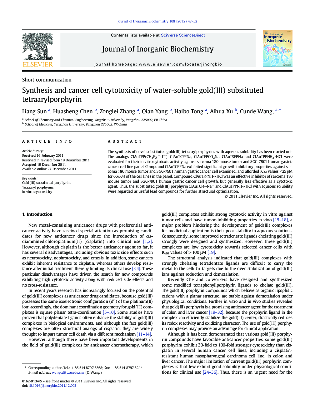 Synthesis and cancer cell cytotoxicity of water-soluble gold(III) substituted tetraarylporphyrin