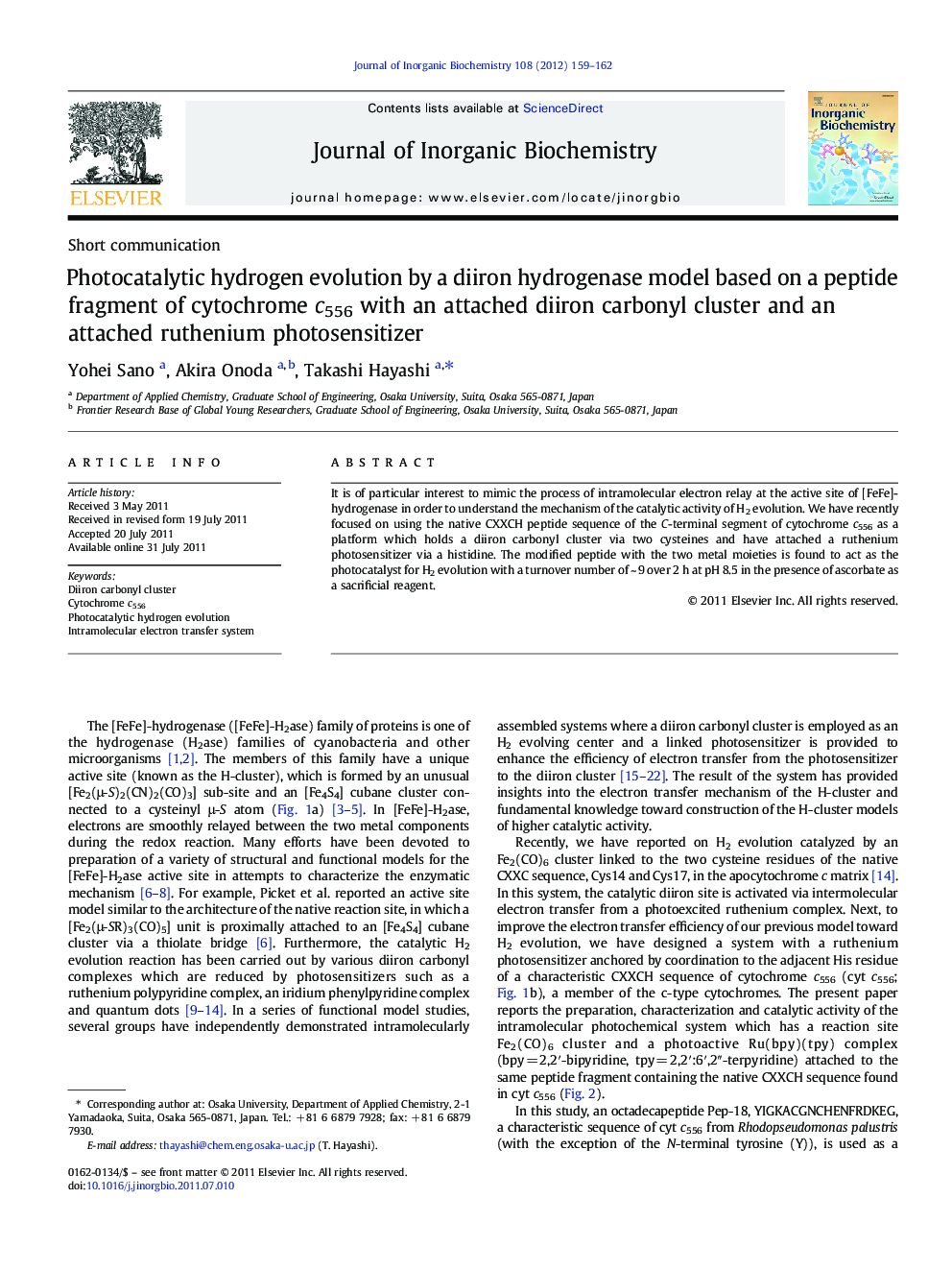 Photocatalytic hydrogen evolution by a diiron hydrogenase model based on a peptide fragment of cytochrome c556 with an attached diiron carbonyl cluster and an attached ruthenium photosensitizer