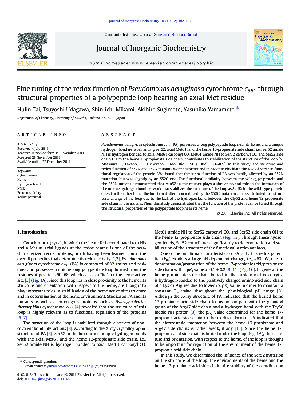 Fine tuning of the redox function of Pseudomonas aeruginosa cytochrome c551 through structural properties of a polypeptide loop bearing an axial Met residue