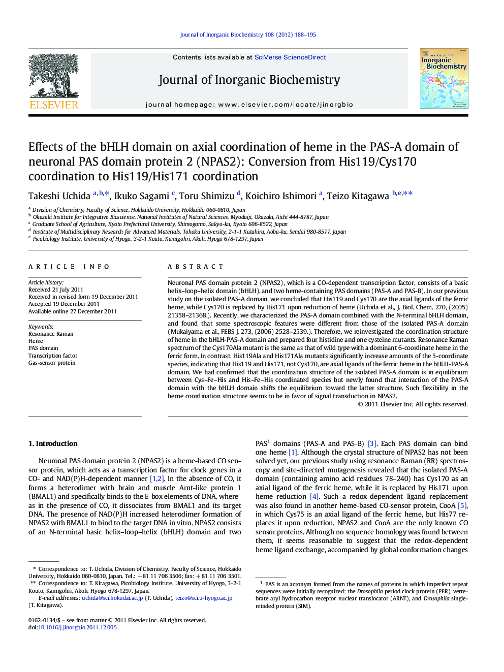 Effects of the bHLH domain on axial coordination of heme in the PAS-A domain of neuronal PAS domain protein 2 (NPAS2): Conversion from His119/Cys170 coordination to His119/His171 coordination