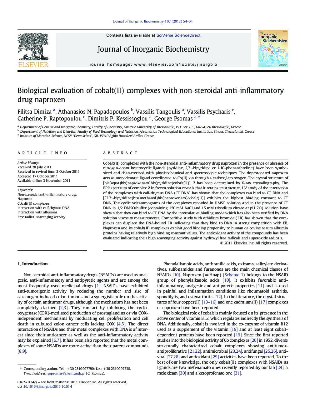 Biological evaluation of cobalt(II) complexes with non-steroidal anti-inflammatory drug naproxen