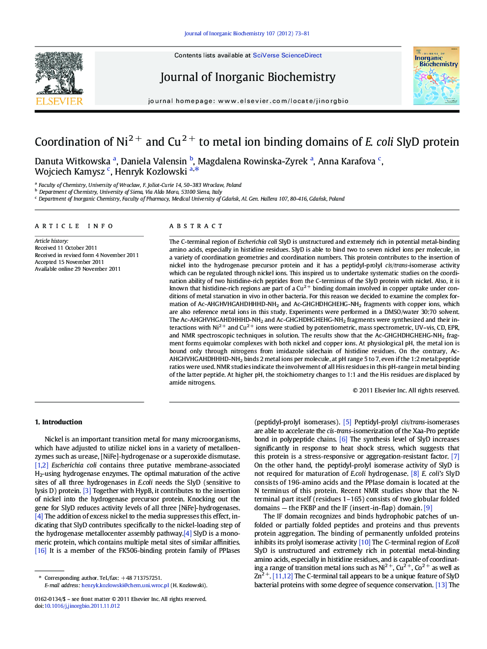 Coordination of Ni2 + and Cu2 + to metal ion binding domains of E. coli SlyD protein