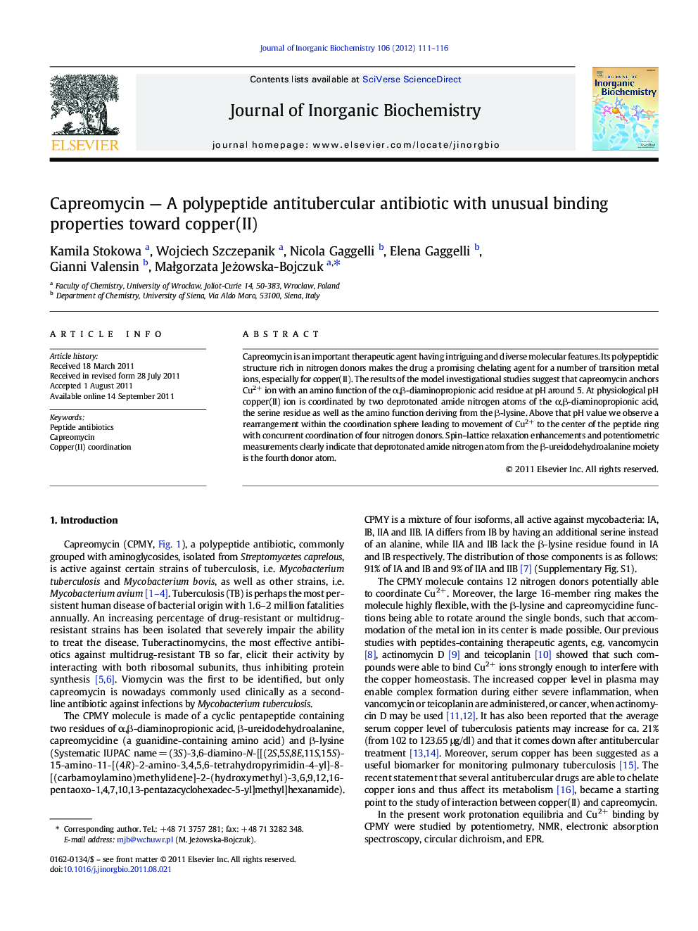 Capreomycin — A polypeptide antitubercular antibiotic with unusual binding properties toward copper(II)