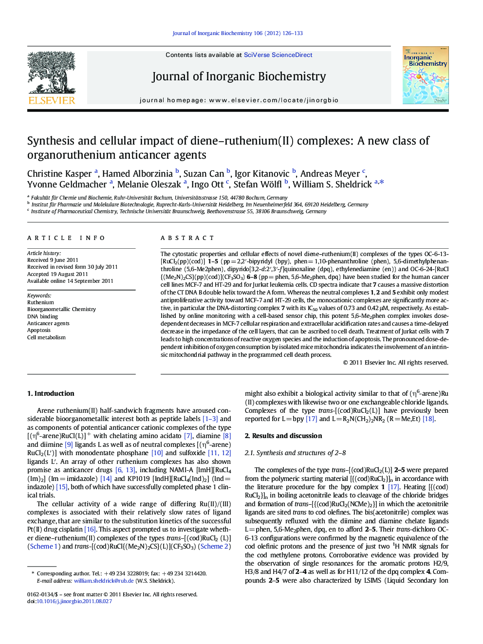 Synthesis and cellular impact of diene–ruthenium(II) complexes: A new class of organoruthenium anticancer agents