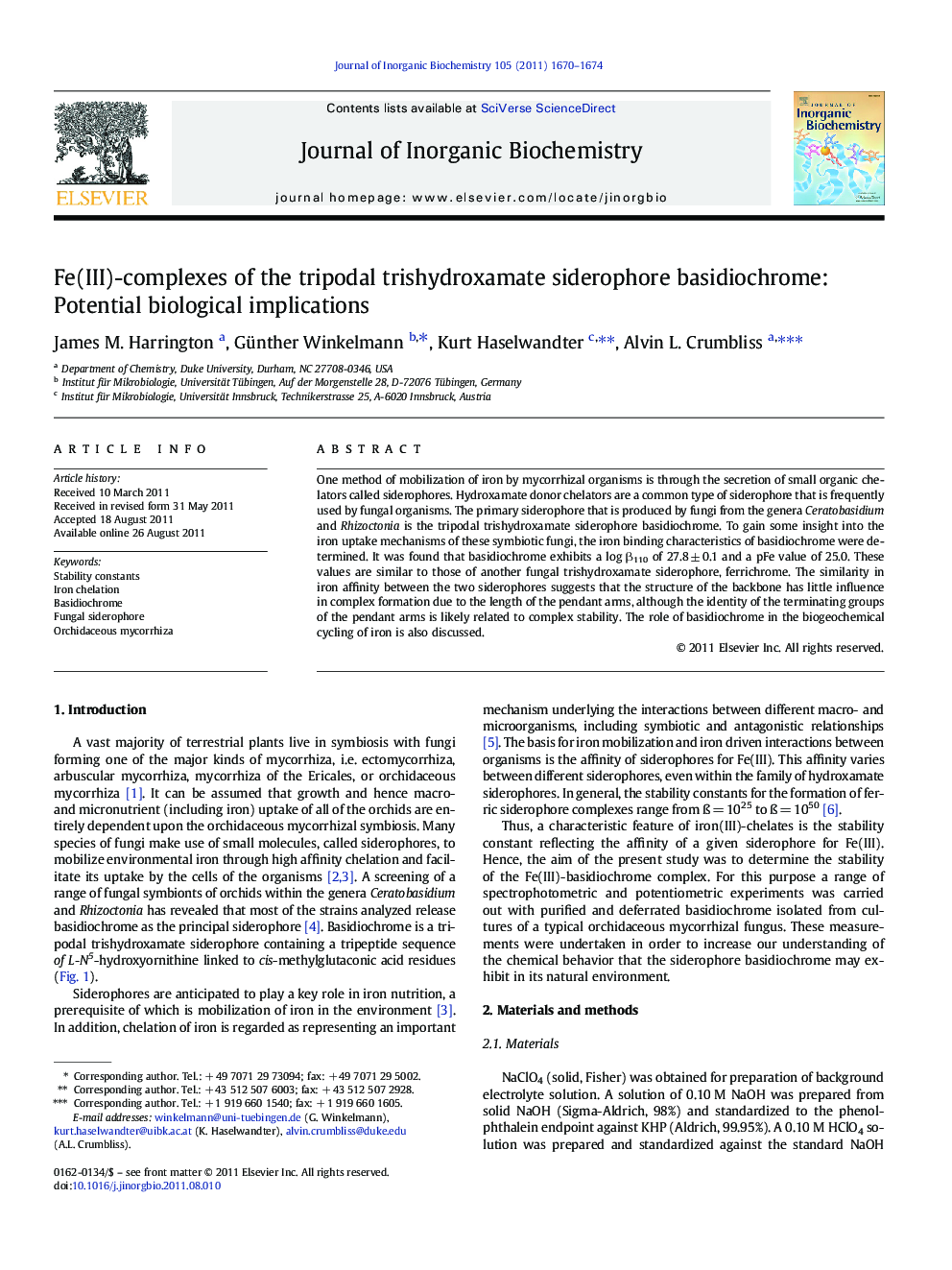 Fe(III)-complexes of the tripodal trishydroxamate siderophore basidiochrome: Potential biological implications
