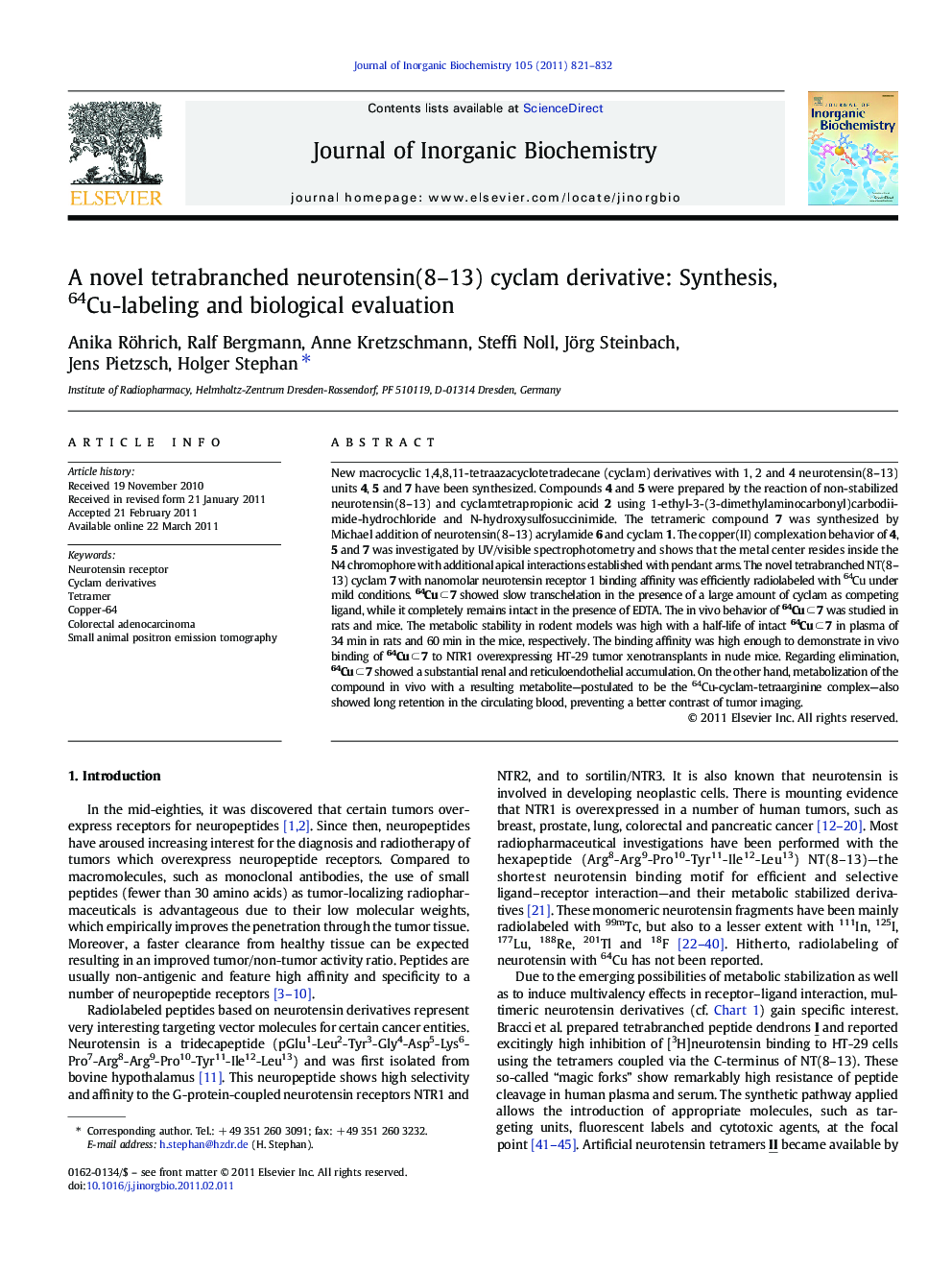 A novel tetrabranched neurotensin(8–13) cyclam derivative: Synthesis, 64Cu-labeling and biological evaluation