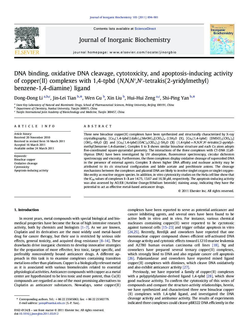 DNA binding, oxidative DNA cleavage, cytotoxicity, and apoptosis-inducing activity of copper(II) complexes with 1,4-tpbd (N,N,N′,N′-tetrakis(2-yridylmethyl)benzene-1,4-diamine) ligand